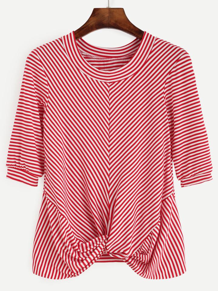 Romwe Red Striped Elbow Sleeve T-shirt