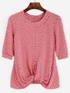 Romwe Red Striped Elbow Sleeve T-shirt
