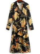 Romwe Floral Print Self Tie Midi Shirt Dress