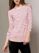 Romwe Long Sleeve Striped Red T-shirt