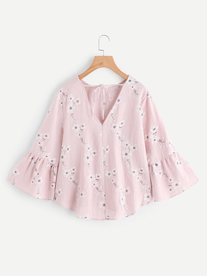Romwe Fluted Sleeve Floral Print Tie Back Top