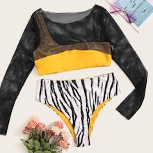 Romwe One Shoulder Bikini Set With Fishnet Crop Top 3pack