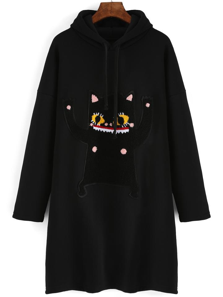 Romwe Hooded Drawstring Cat Patch Sweatshirt Dress