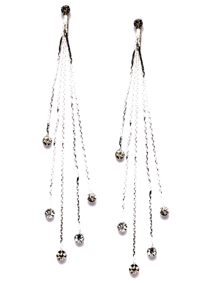 Romwe Silver Plated Rhinestone Tassel Drop Earrings