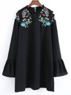 Romwe Black Frilled Collar Bell Sleeve Embroidered Dress