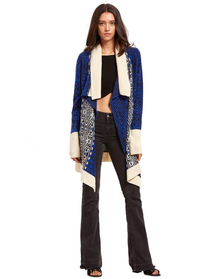 Romwe Royal Blue Lapel Long Cardigan