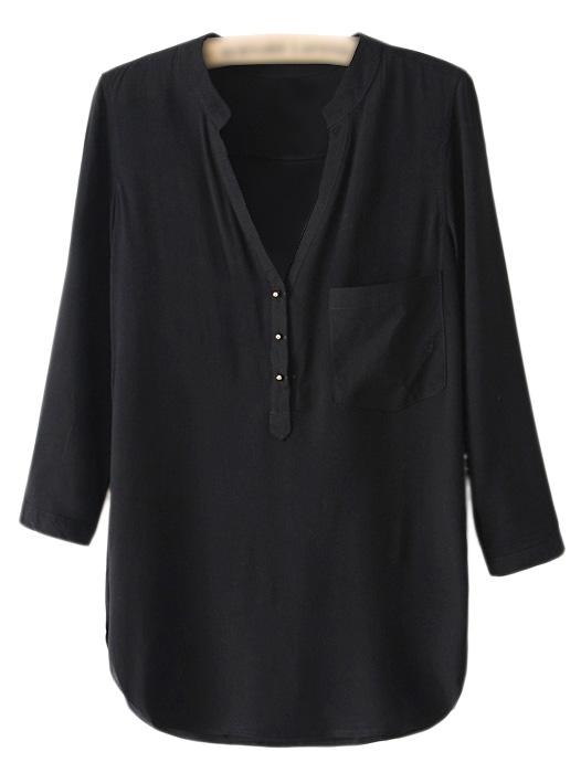 Romwe Black V Neck Buttons Front Dip Hem Blouse