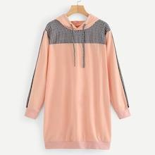 Romwe Contrast Checkerboard Drawstring Hooded Sweatshirt Dress