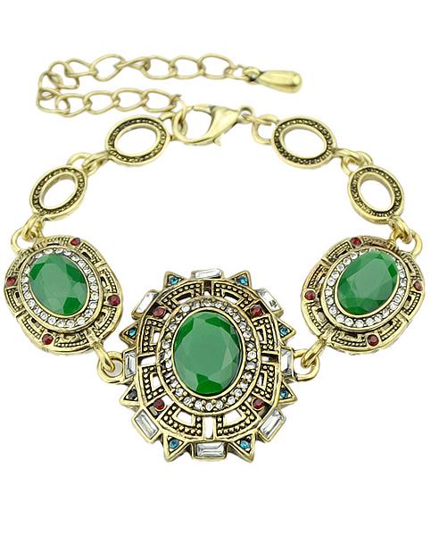 Romwe Green Gemstone Gold Link Bracelet