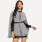 Romwe Frayed Trim Houndstooth Cape Coat Without Belted