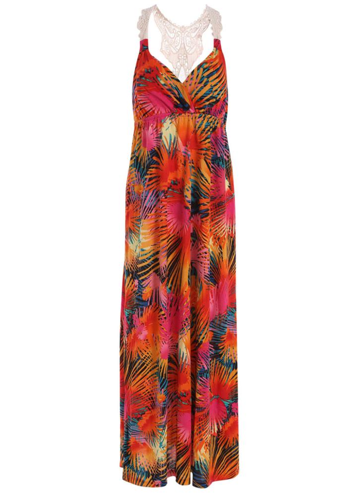 Romwe Deep V Neck Contrast Lace Florals Maxi Dress