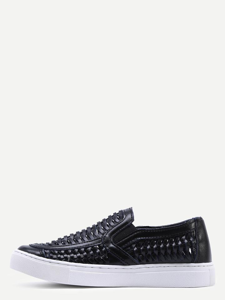 Romwe Black Faux Leather Hollow Woven Wedge Sneakers