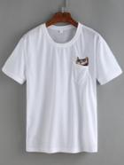 Romwe Embroidered Cat Pocket T-shirt