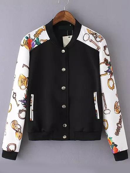 Romwe Contrast Sleeve Key Print Black Jacket