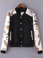 Romwe Contrast Sleeve Key Print Black Jacket