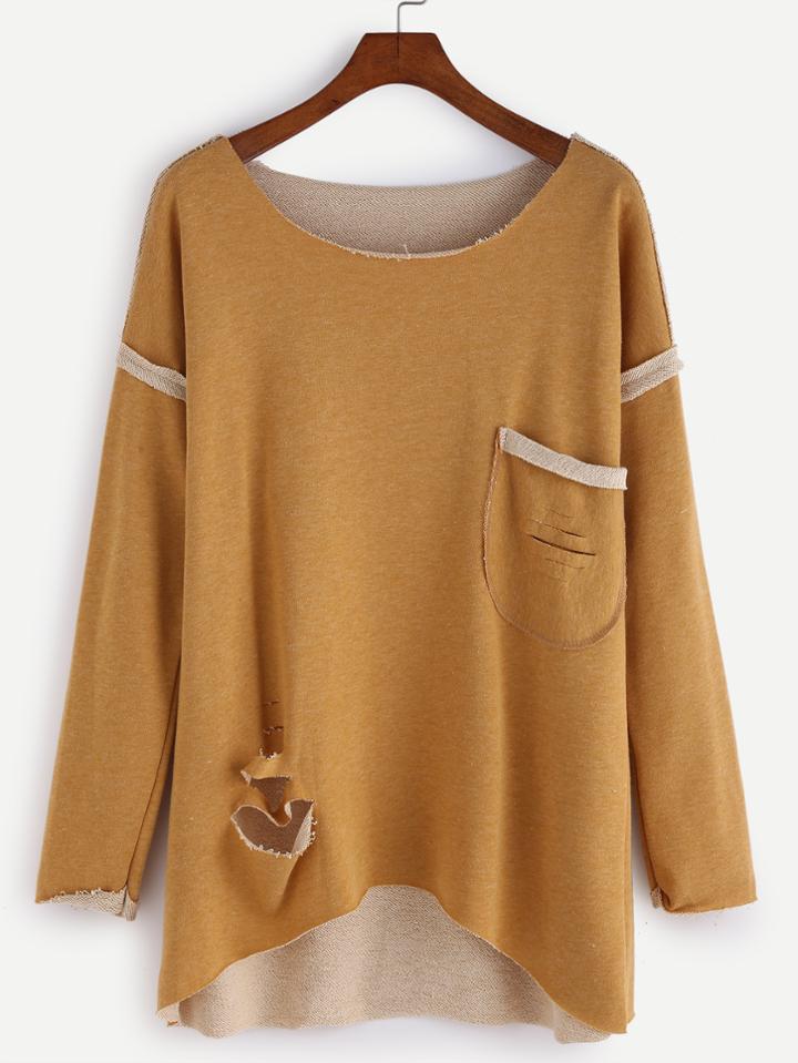 Romwe Ginger Drop Shoulder Cutout Dip Hem T-shirt