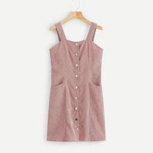 Romwe Button Through Pocket Detail Corduroy Dress