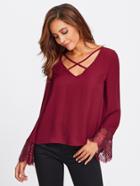 Romwe Crisscross Front Lace Trim Fluted Sleeve Top