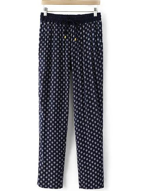 Romwe Navy Drawstring Waist Printed Pocket Pants