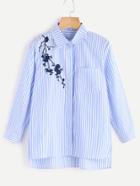 Romwe Vertical Striped Flower Embroidered Blouse