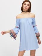 Romwe Embroidered Tape And Pom Pom Detail Trumpet Sleeve Bardot Dress