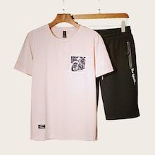 Romwe Guys Motorcycle & Letter Print Tee With Side Zipper Shorts