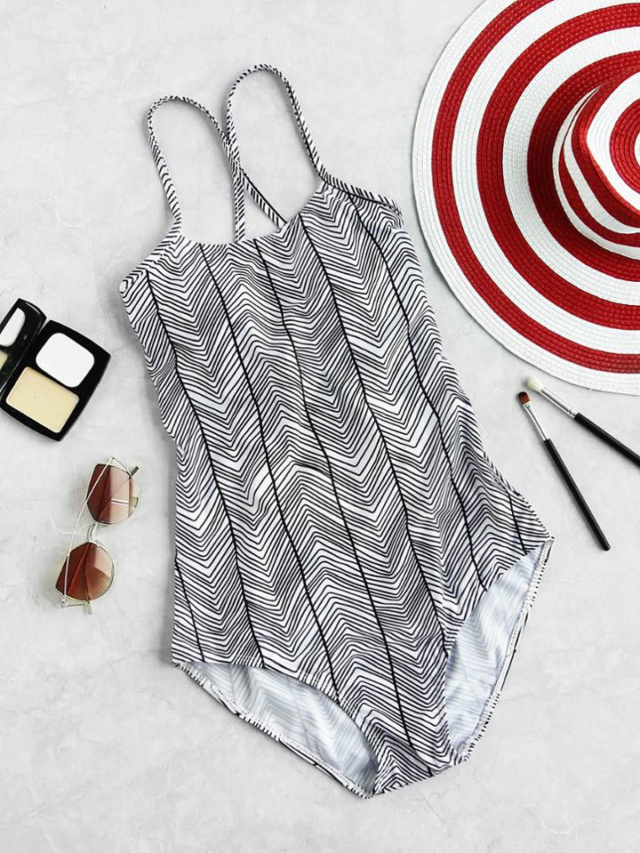 Romwe Chevron Stripe Cross Back Swimsuit