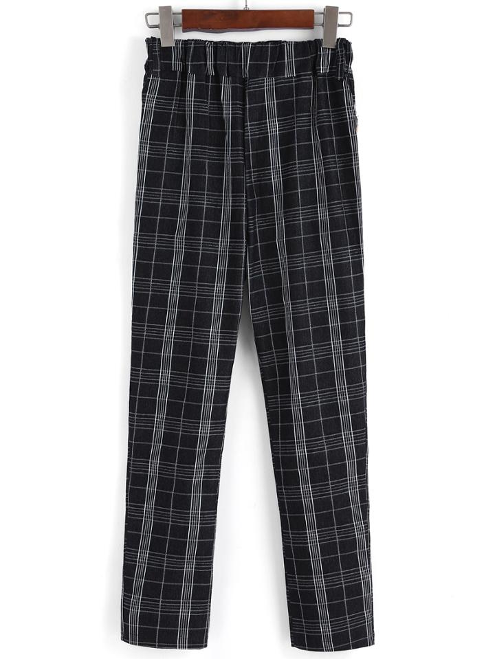 Romwe Elastic Waist Plaid Pant
