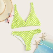 Romwe Neon Lime Polka Dot Plunge Neck Bikini Set