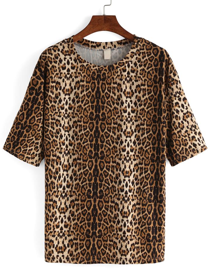 Romwe Leopard Khaki T-shirt