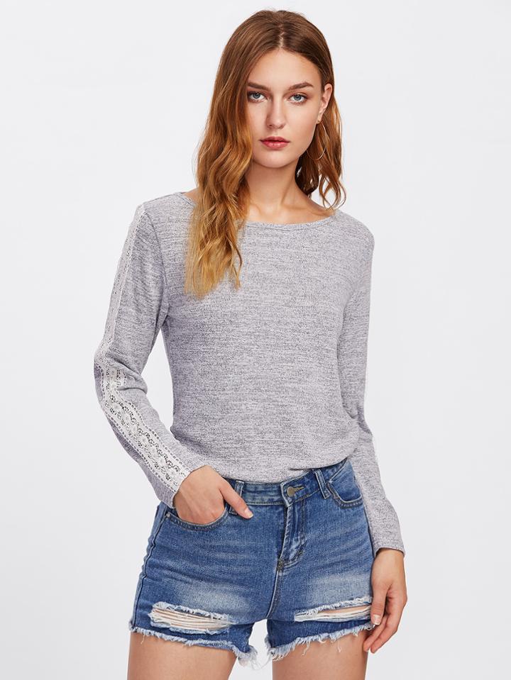 Romwe Lace Applique Marled Knit T-shirt