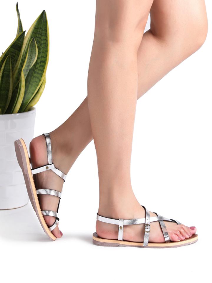 Romwe Silver Cross Detail Flat Sandals