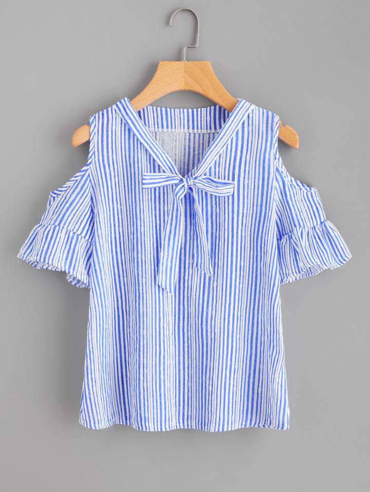 Romwe Open Shoulder Vertical Striped Self Tie Neck Blouse