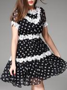 Romwe Black Polka Dot Contrast Lace Dress