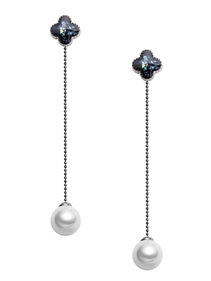 Romwe Black Four Leaf Clover Faux Pearl Drop Earrings