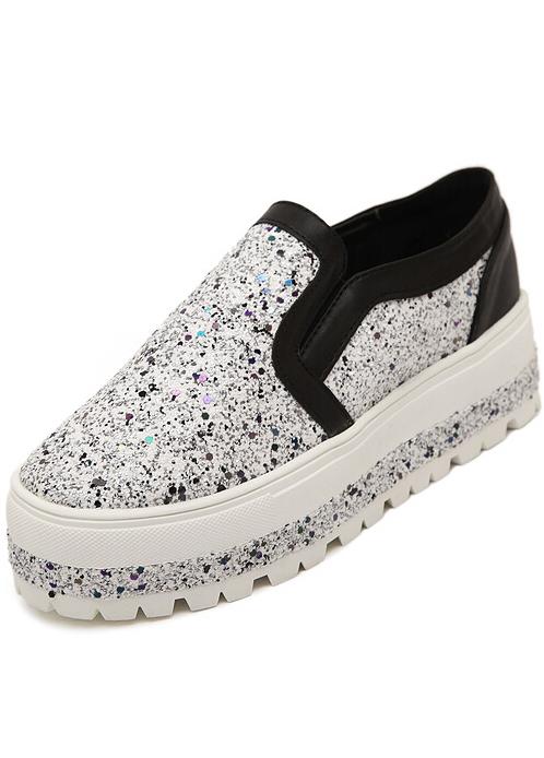 Romwe Silver Round Toe Glitter Heavy-bottomed Flats