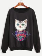 Romwe Black Cat Print Sweatshirt