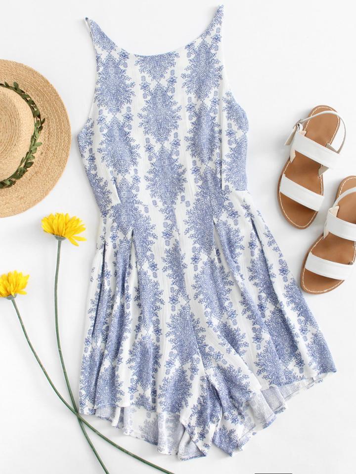 Romwe Cot Out Back Knot Geo Print Romper