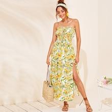 Romwe Frilled Trim Shirred Waist Split Tropical Tube Dress