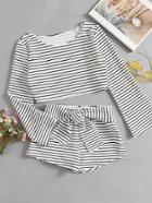 Romwe Striped Crop Tee With Knot Front Shorts