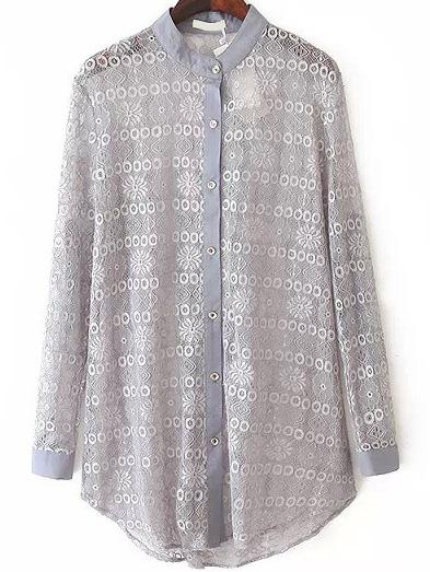 Romwe Stand Collar Dip Hem Lace Grey Blouse
