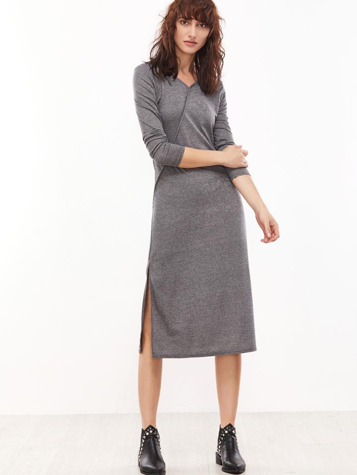 Romwe Grey V Neck High Split Side T-shirt Dress