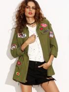 Romwe Olive Green Military Shirt Jacket With Embroidered Patch Detail
