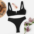Romwe Smocked Top With High Cut Bikini Set