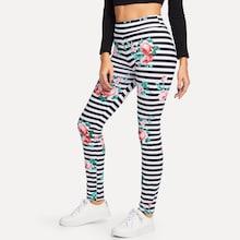 Romwe Floral Print Striped Leggings