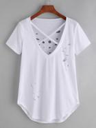 Romwe White V Neck Criss Cross Ripped Curved Hem T-shirt
