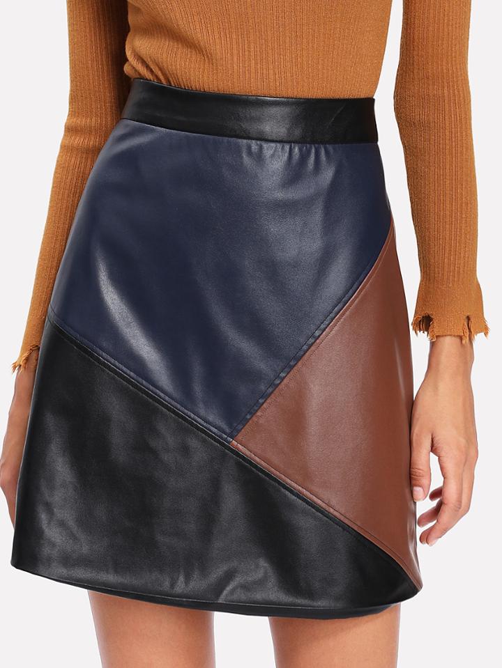 Romwe Cut And Sew Pu Leather Skirt