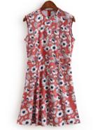 Romwe Red Sleeveless Floral Buttons A-line Dress