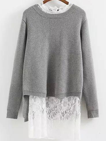 Romwe Dip Hem Sweater With Lace Dress