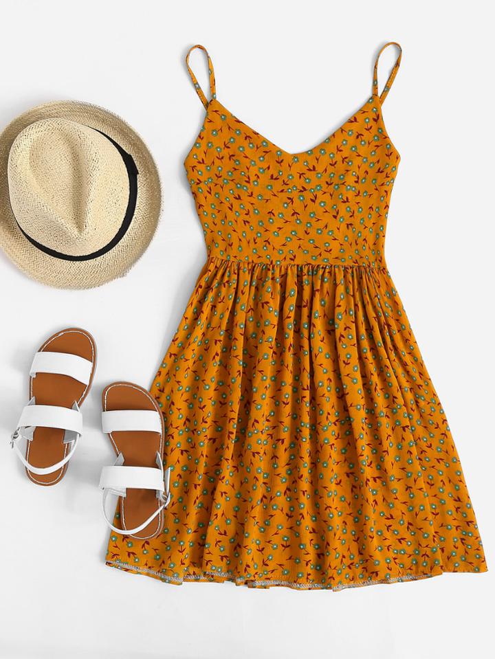 Romwe V Neckline Ditsy Print Cami Dress